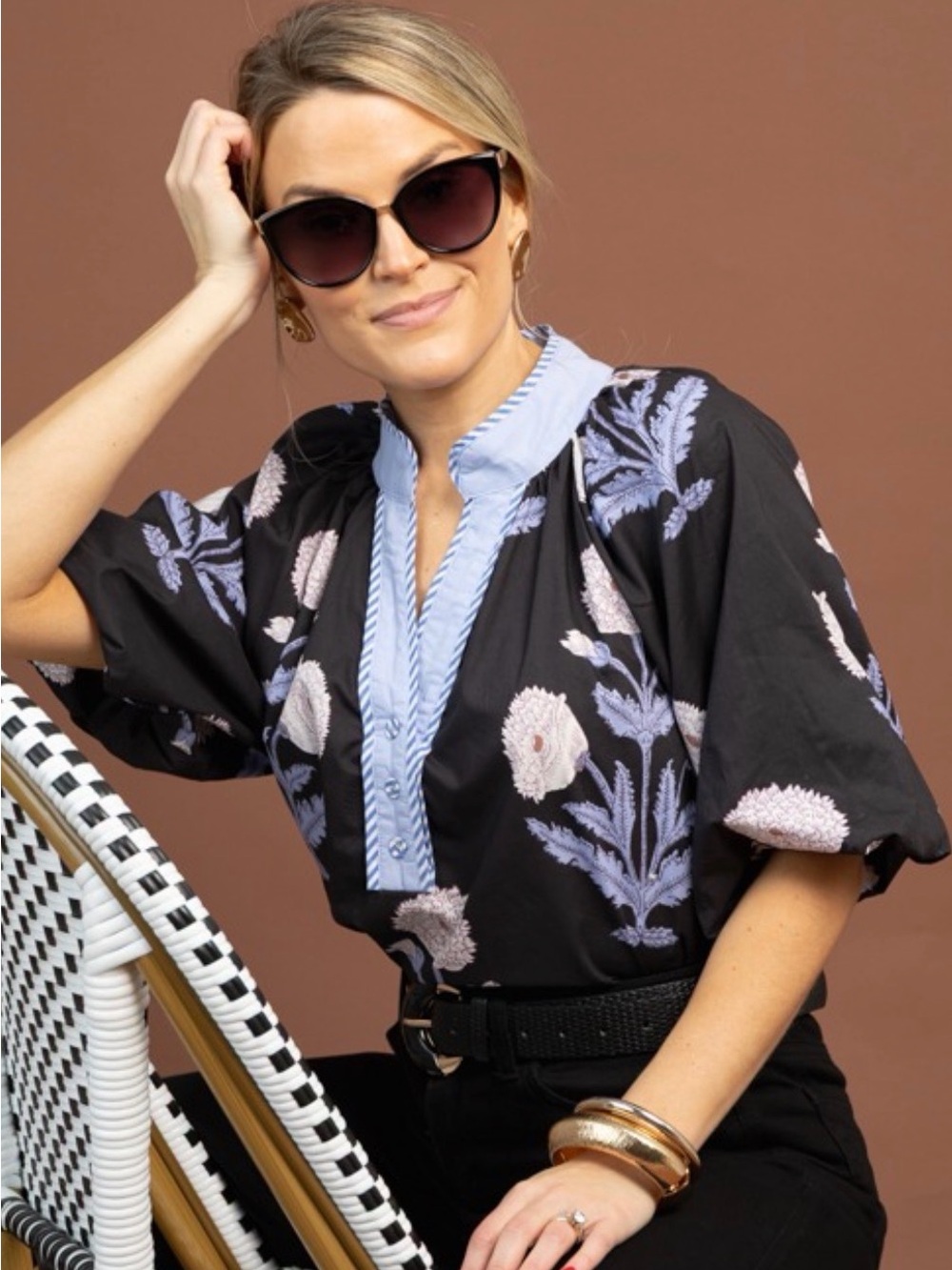Umgee Black & Blue Floral Button-Front Top - Picture 3 of 3